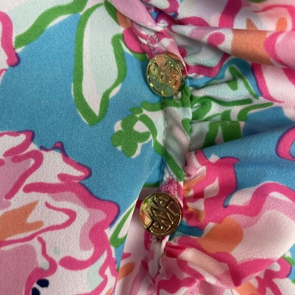 Mud Pie Shift Dress Pink Blue Floral Ruffled Neck Girls Size Small - Picture 2 of 5